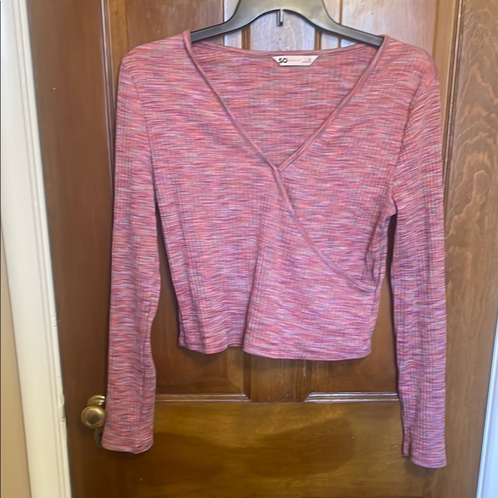 SO Pink Long Sleeve Wrap Crop Blouse